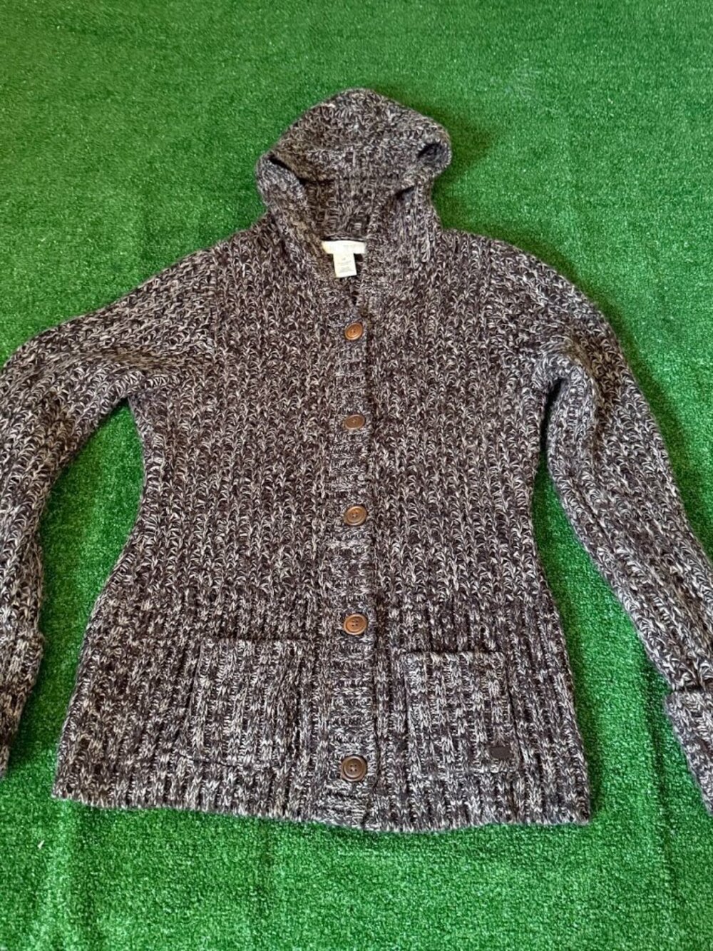 Roxy Hooded Cardigan Sweater Y2K Style Marled Chunky Knit Button Front Pockets M